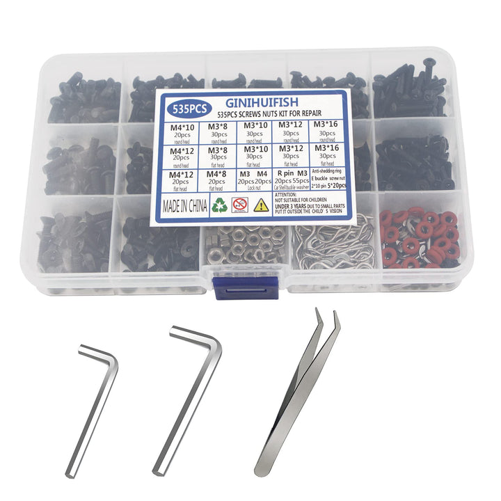 535PCS RC Screw Kit Repair Tool Assortment Set M3 M4 Hex Screws Nut Hardware Fasteners with Wrench for Traxxas Axial Redcat HSP HPI Arrma Losi 1:8 1:10 1:12 1:16 Scale RC Cars Trucks Crawler Parts