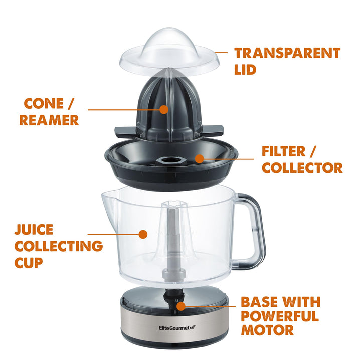 Elite Gourmet ETS623 BPA-Free Electric Citrus Juicer, Compact, Large Volume, Pulp Control, Oranges, Lemons, Limes, Grapefruits with Easy Pour Spout, 24oz, Black/Stainless Steel Stainless Steel