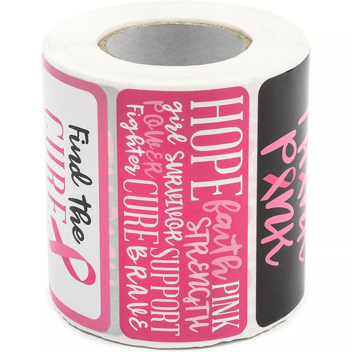 Paper Junkie 500-Pack Breast Cancer Awareness Stickers Roll, Motivation and Thank You Quotes (3 X 1.5 In)