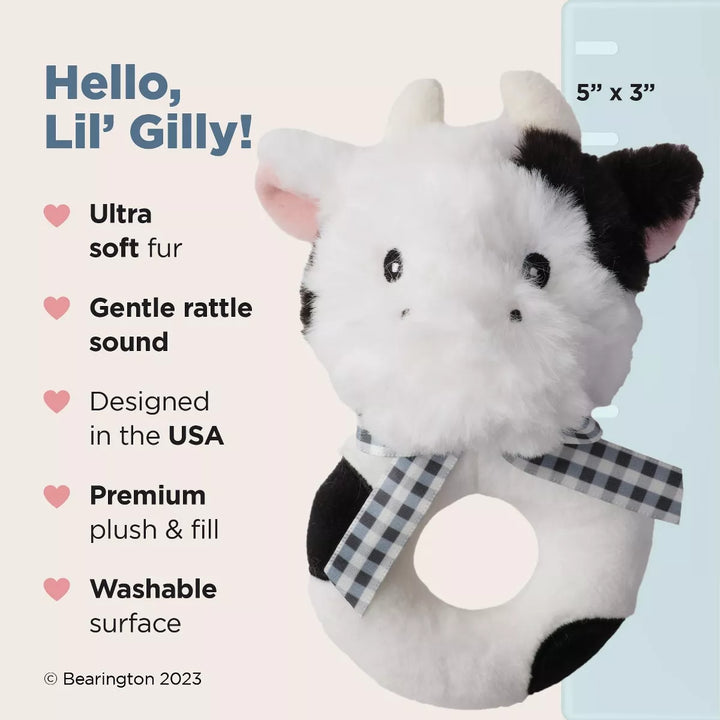 Bearington Lil' Gilly 5.5 Inch Cow Baby Rattle - Baby Wrist Rattles - Plush Rattles for Baby Cow Rattle