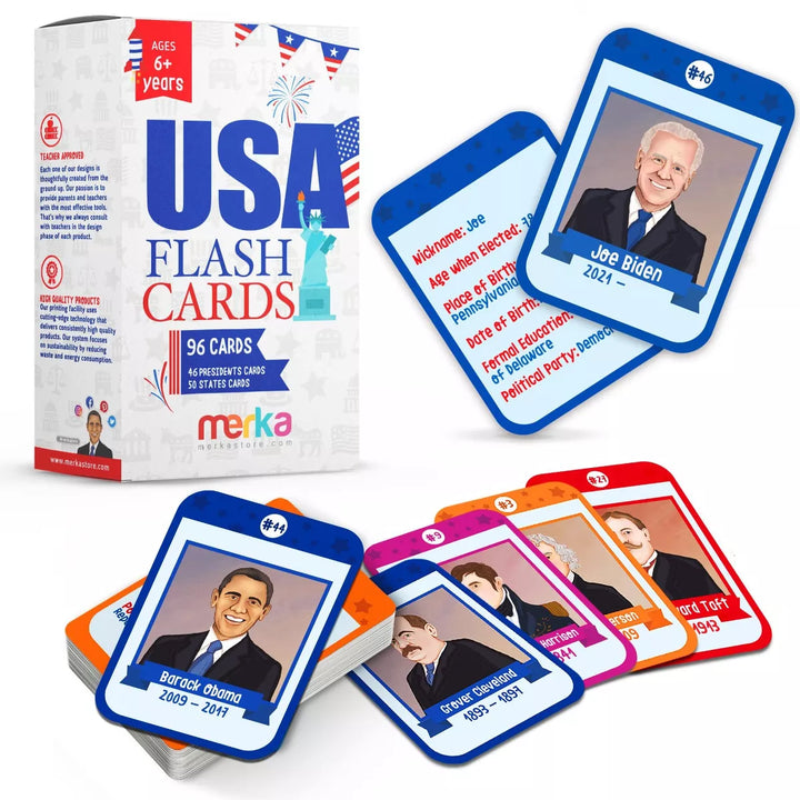 Merka Presidents, States and Capitals Flash Cards for Kids - All 50 States and 46 Presidents