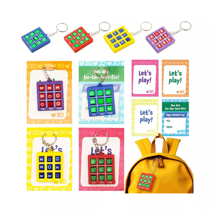 28 Packs Valentine'S Day Gift Cards with Tic-Tac-Toe Keychain for Kids Party Favor, Classroom Exchange Prizes, Valentine’S Greeting Cards