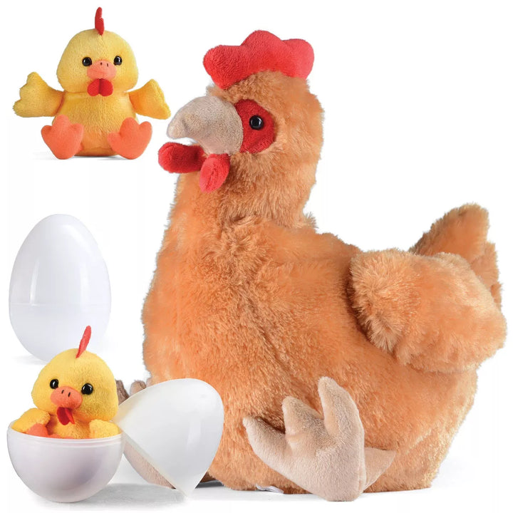 PREXTEX Plush Hen Toys Stuffed Animal with Two Plastic Easter Eggs, Brown