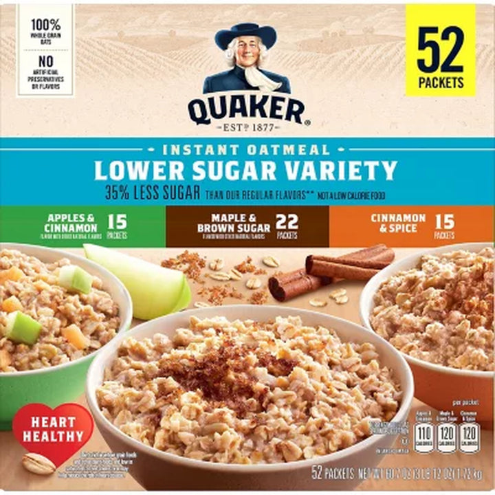 Quaker Lower Sugar Instant Oatmeal, Variety Pack (60.7 Oz., 52 Pk.)