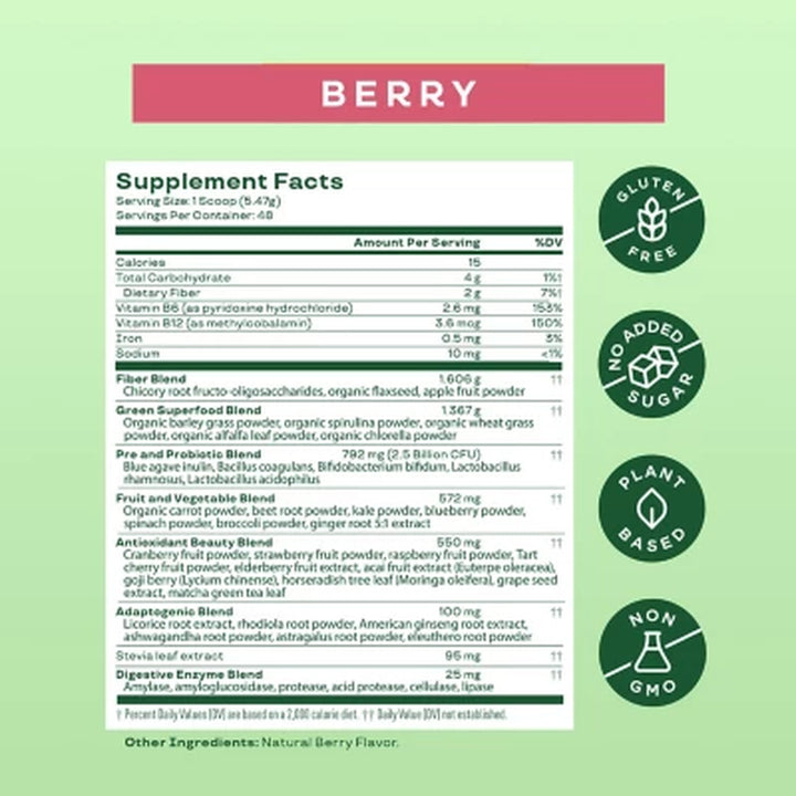 Bloom Nutrition Greens & Superfoods Powder, Berry 48 Servings, 9.2 Oz.