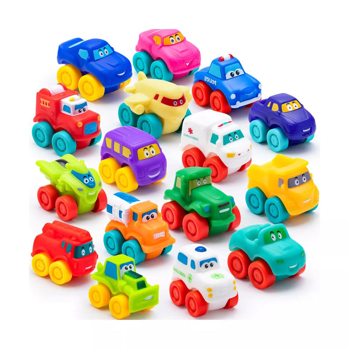 Syncfun 16Pcs Cartoon Cars, Soft Rubber Toy Car Set, Mini Toy Vehicles, Bath Toy Car for Toddlers, Gift for Boys Girls Christmas Birthday