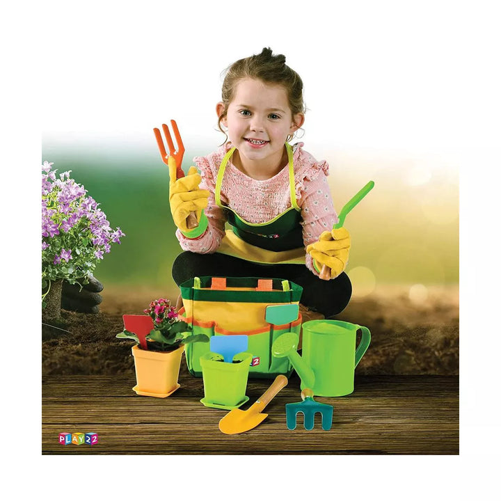 Kids Gardening Tool Set 12 PCS - Kids Gardening Tools with Shovel, Rake, Fork, Trowel, Apron, Gloves Watering Can and Tote Bag - Play22Usa