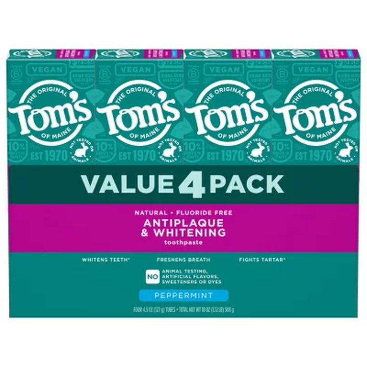 Tom'S of Maine Fluoride-Free Antiplaque & Whitening Toothpaste, 4.5 Oz., 4 Pk.