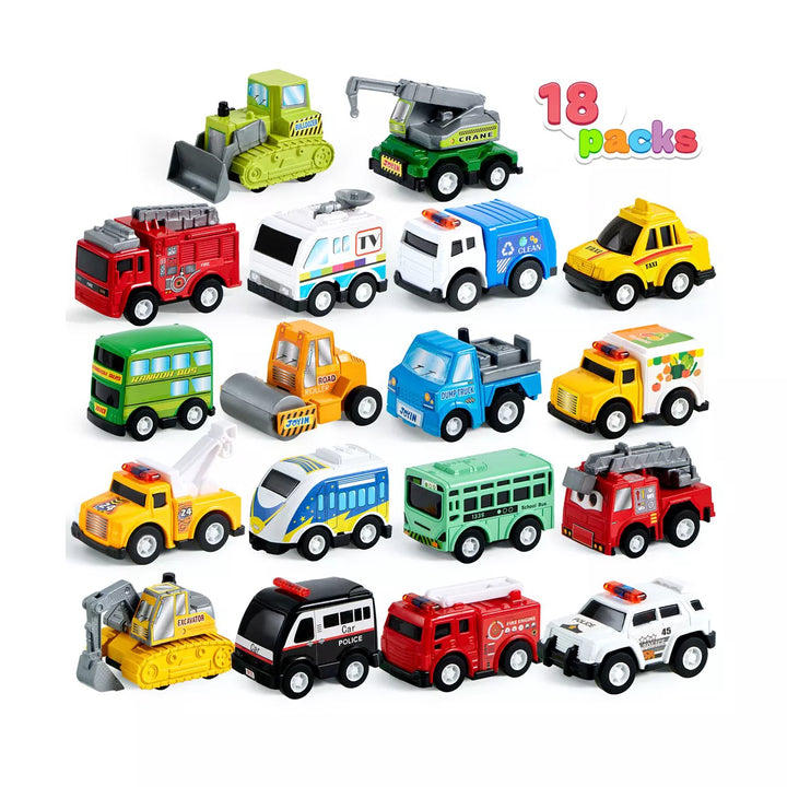 Syncfun 18 Pcs Pull Back City Cars and Trucks Toy Vehicles Set, Friction Powered Cars Toys for Toddlers, Boys, Girls’ Educational Play, Goodie Bags