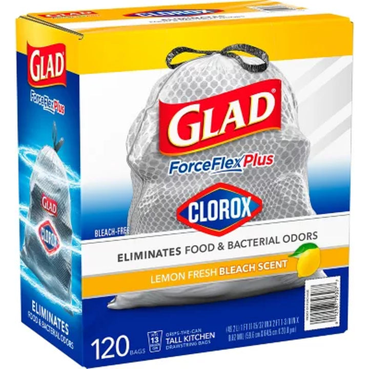 Glad Forceflex Tall Kitchen Trash Bags with Clorox, Lemon Fresh Bleach Scent 13 Gal., 120 Ct.