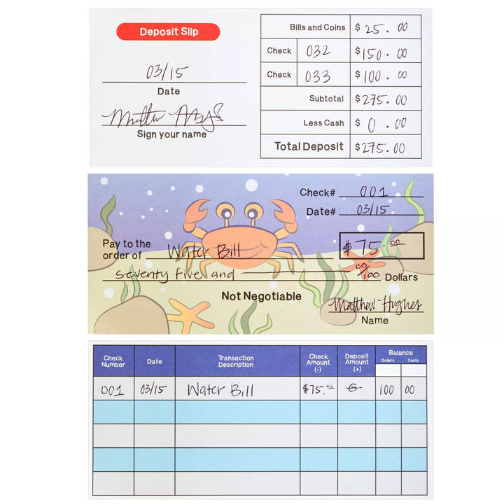 Blue Panda 150 Sheets Pretend Checkbook for Kids with Fake Deposit Slip and Check Register for Play School Supplies (Ocean Themed)