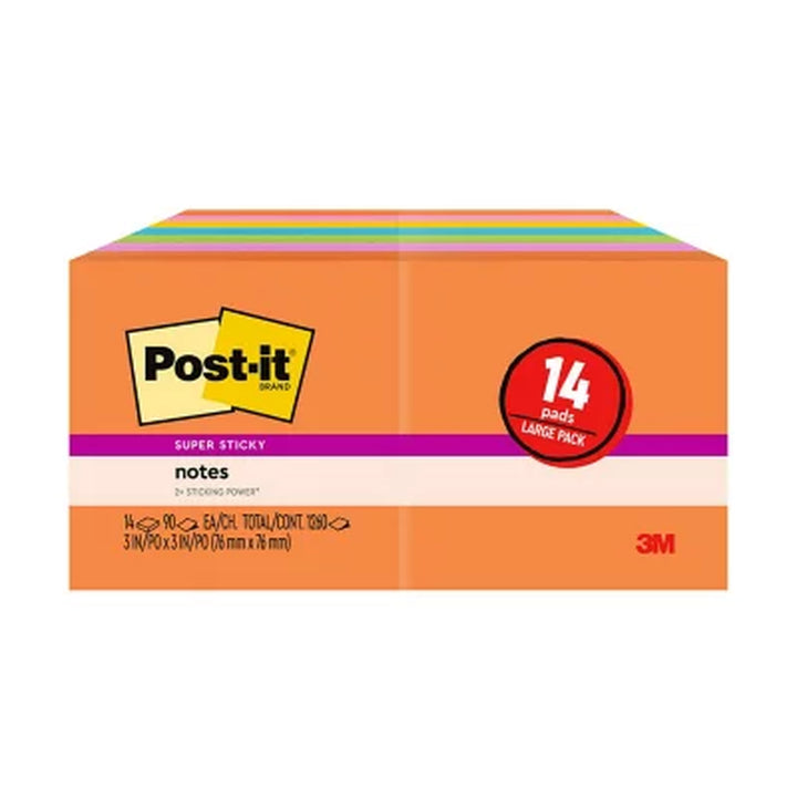 Post-It Super Sticky Notes, 3 In. X 3 In., Energy Boost Collection, 14 Pads/Pack