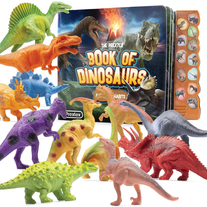 PREXTEX Dinosaur Toys for Kids- 12 Figures & Book, Multicolored