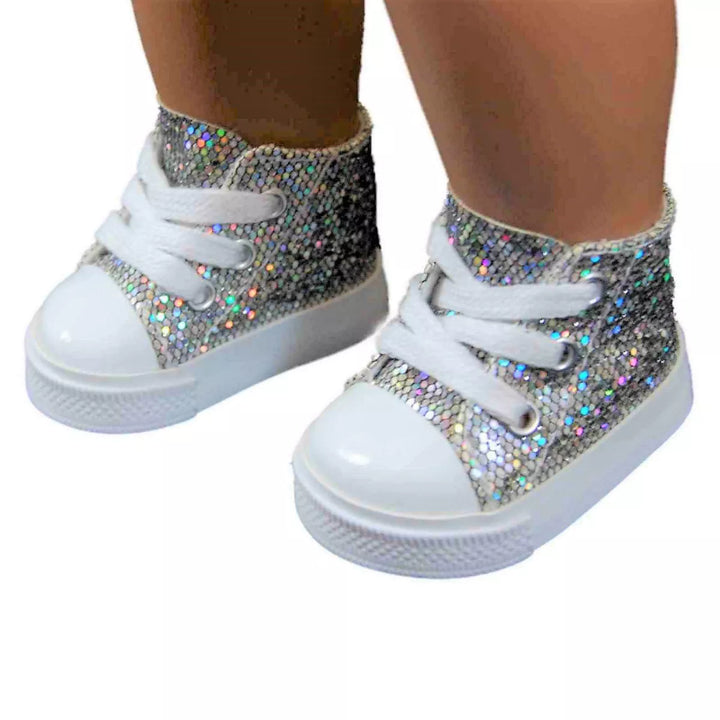 The Queen'S Treasures 18 Inch Doll Silver Sparkle Sneakers and Shoe Box