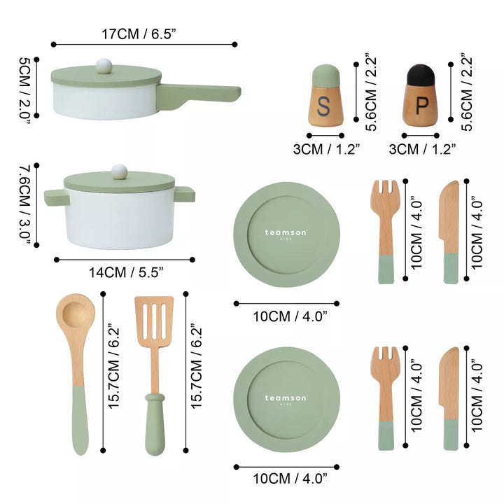 Teamson Kids Wooden Cookware Play Kitchen Toy Accessories Green 14 Pcs TK-W00009