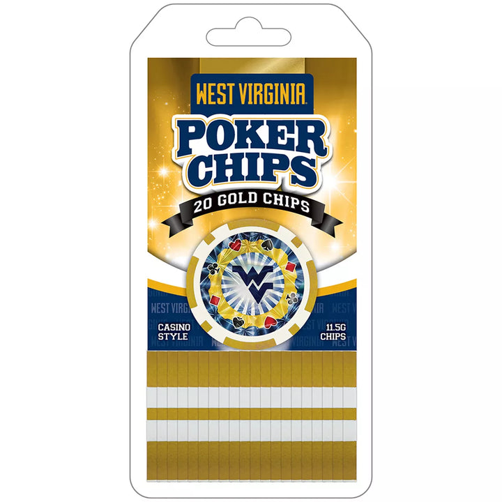 Masterpieces Casino Style 20 Piece 11.5 Gram Poker Chip Set NCAA West Virginia Mountaineers Gold Edition.