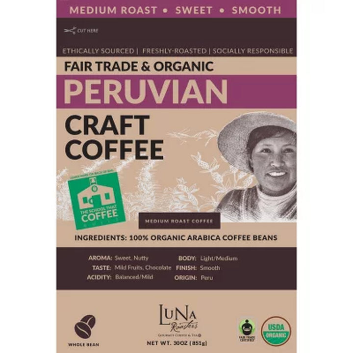 Luna Roasters Organic Peruvian Whole Bean Coffee, Medium Roast, 30 Oz.