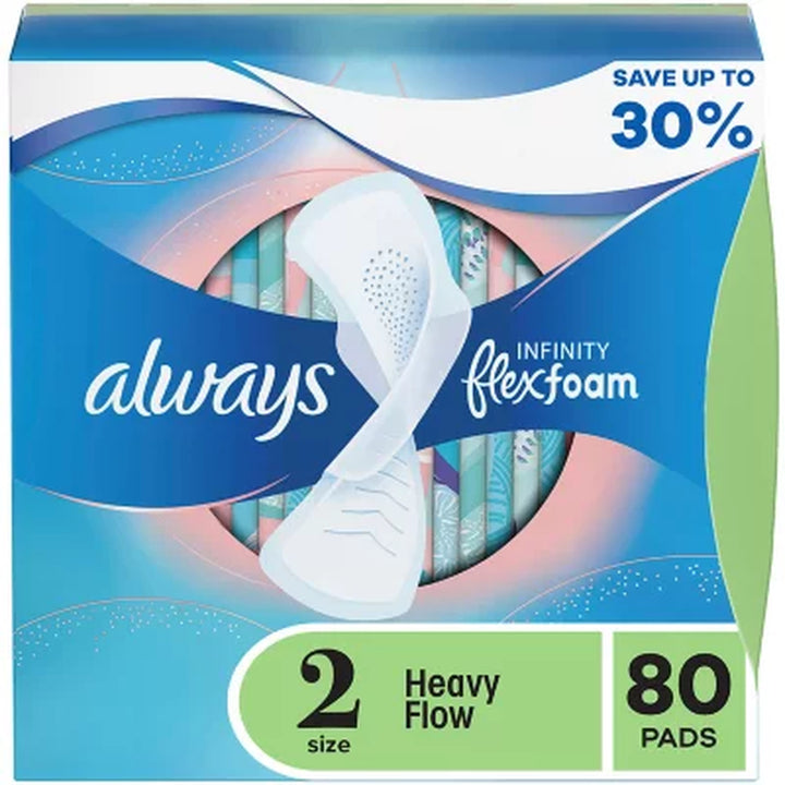 Always Infinity Flexfoam Heavy Flow Pads with Flexi-Wings, Unscented - Size 2, 80 Ct.