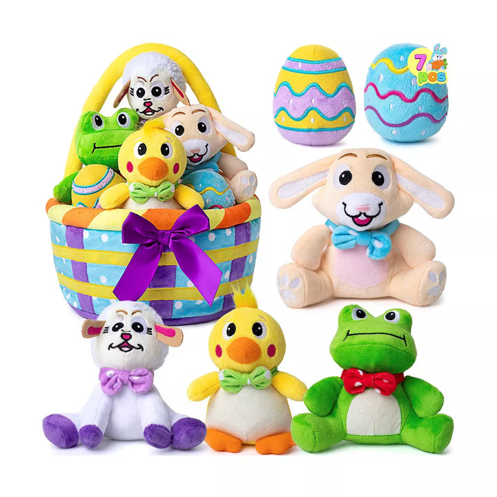 Syncfun 7PCS Basket for Easter Stuffed Plush Playset for Baby Kids Easter Theme Party Favor, Easter Eggs Hunt, Basket Stuffers Fillers