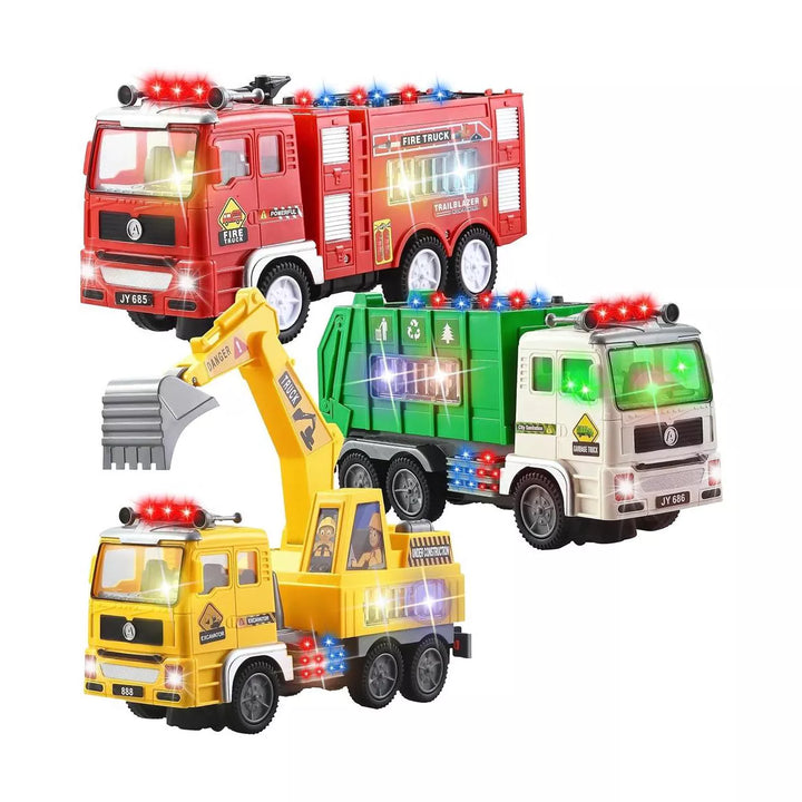 3-In-1 Toy Trucks, Automatic Bump & Go Fire Truck Toy, Garbage Truck, Play Excavator for Kids Boys and Girls