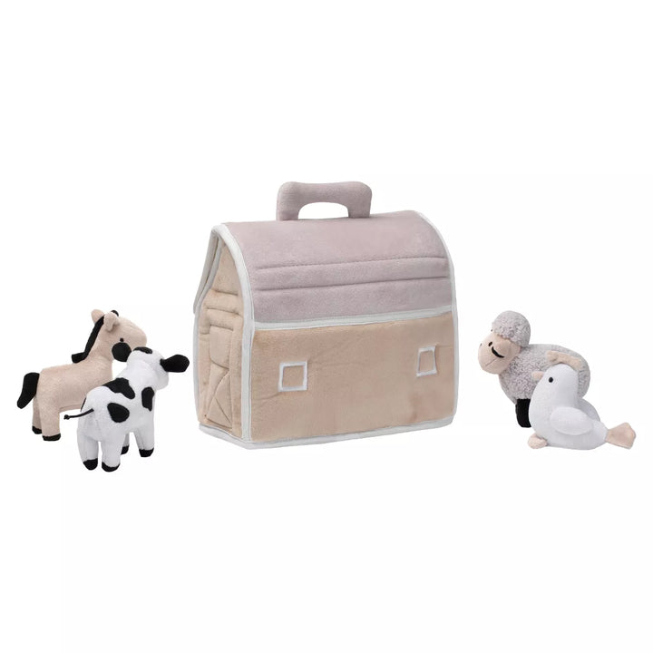 Lambs & Ivy Baby Farm Plush Barn with 4 Stuffed Animals Toy - Taupe/Gray/White