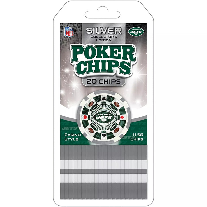 Masterpieces Casino Style 20 Piece 11.5 Gram Poker Chip Set NFL New York Jets Silver Edition.