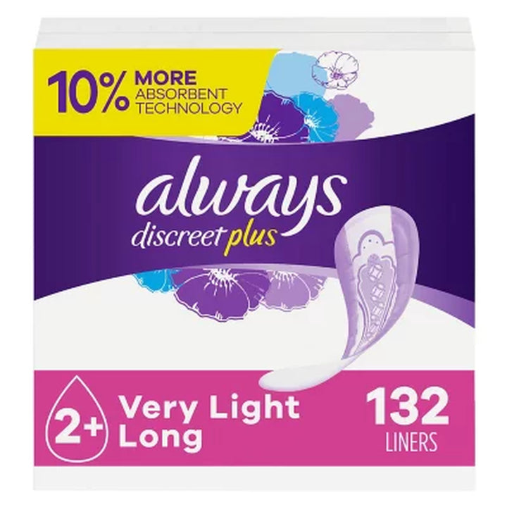 Always Discreet plus Incontinence Liners for Women, Very Light Long, 132 Ct.