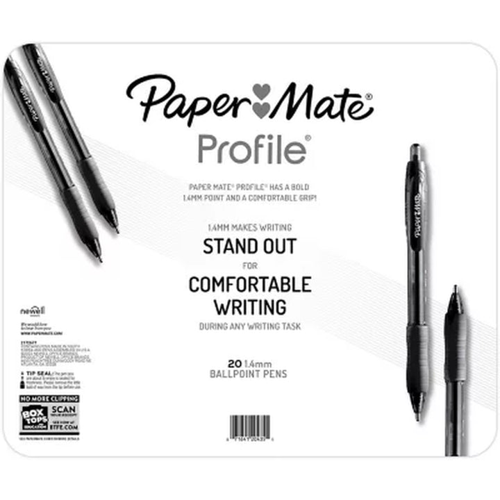 Paper Mate Ballpoint Pen, Profile Retractable Pen, Bold Point 1.4Mm, Black, 20 Count
