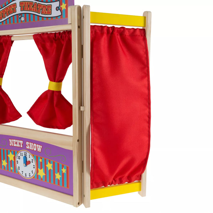 Toy Time Kids' Wooden Tabletop Puppet Theater with Curtains, Blackboard, and Clock - 26" X 30"