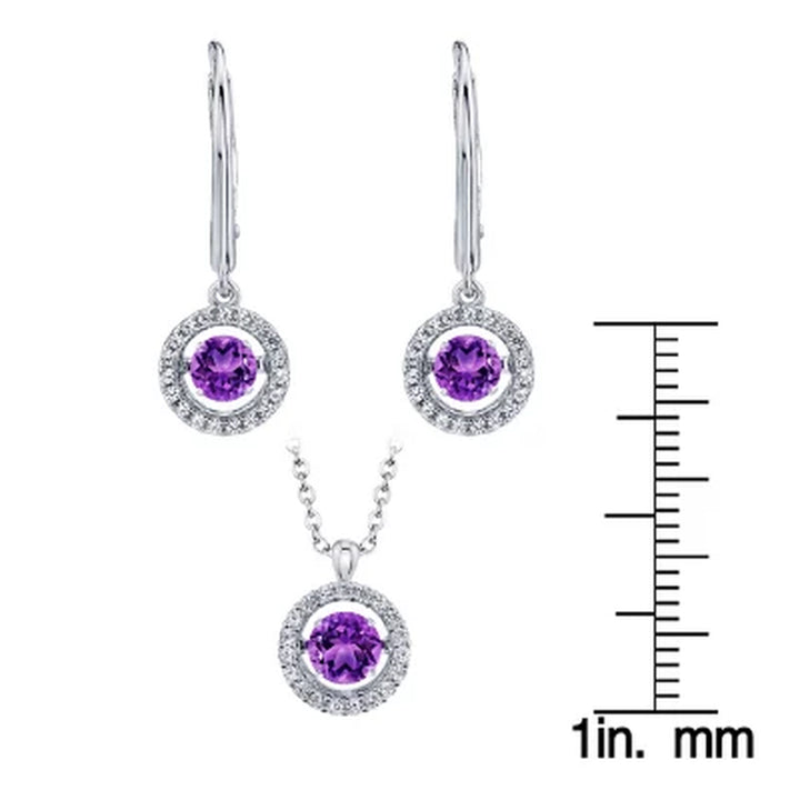 Sterling Silver Dancing Geniune Amethyst and Lab Created White Sapphire Pendant and Earring Set