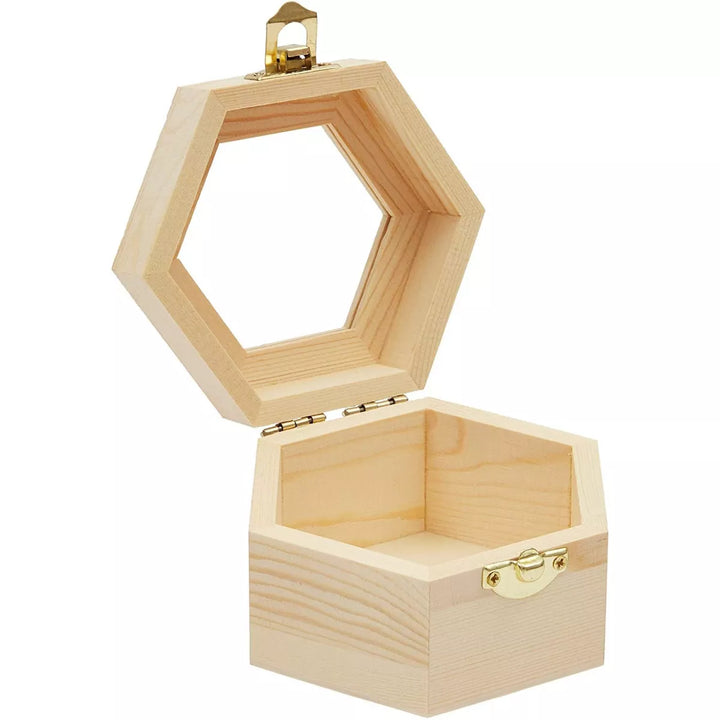 Juvale 3 Pack Unfinished Hexagon Wooden Box with Window and French Buckle for DIY Crafts, Jewelry Stroage and Wedding Souvenirs