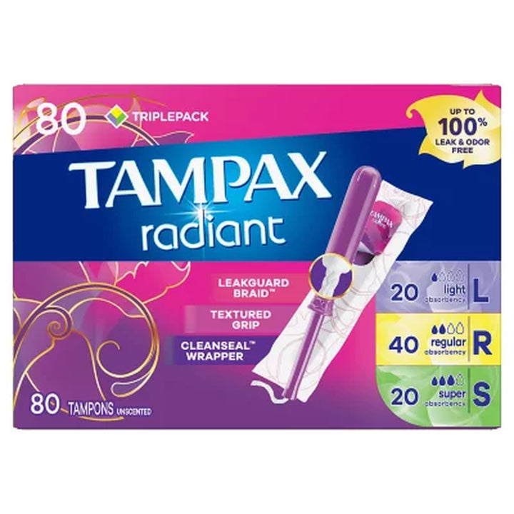 Tampax Radiant Tampons Trio Pack, Light/Regular/Super, Unscented, 80 Ct.