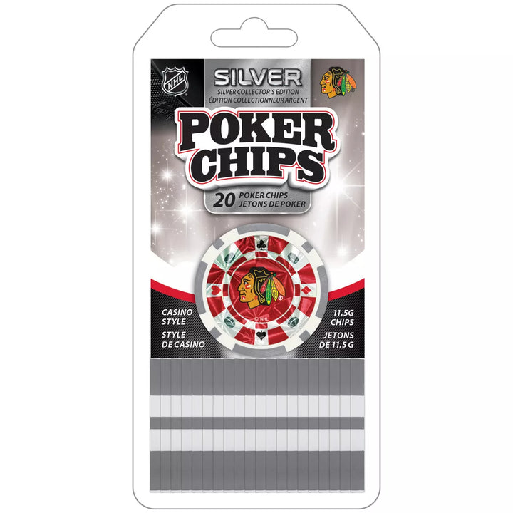 Masterpieces Casino Style 20 Piece 11.5 Gram Poker Chip Set NHL Chicago Blackhawks Silver Edition.