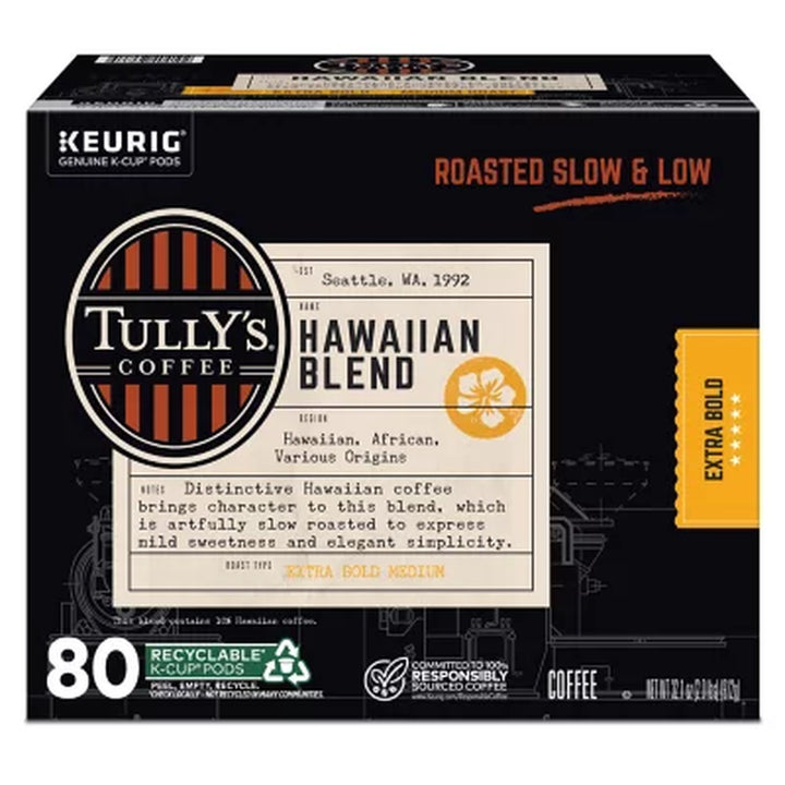 Tully'S Coffee Medium Roast K-Cup Pods, Hawaiian Blend, 80 Ct.