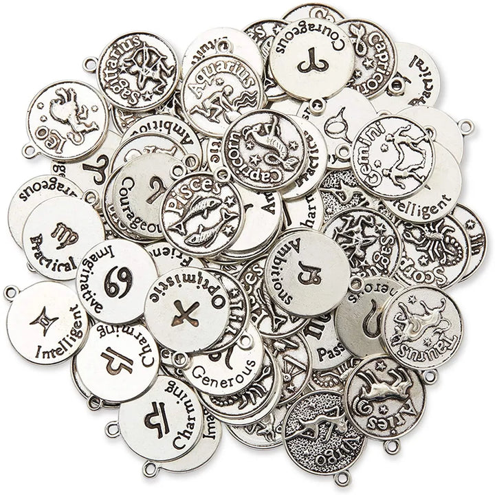 Bright Creations 72 Pieces Zodiac Sign Charms for DIY Jewellery Keychain & Bracelet Making, Silver