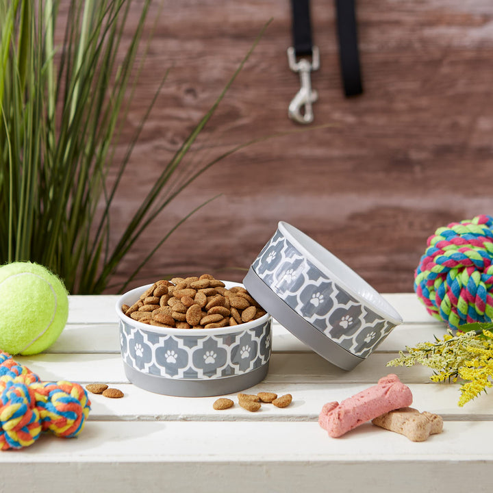 Bone Dry Lattice Pet Bowl, Removable Silicone Ring Creates Non-Slip Bottom for Secure Feeding & Less Mess, Microwave & Dishwasher Safe, Small Set, 4.25x2", Gray, 2 Count