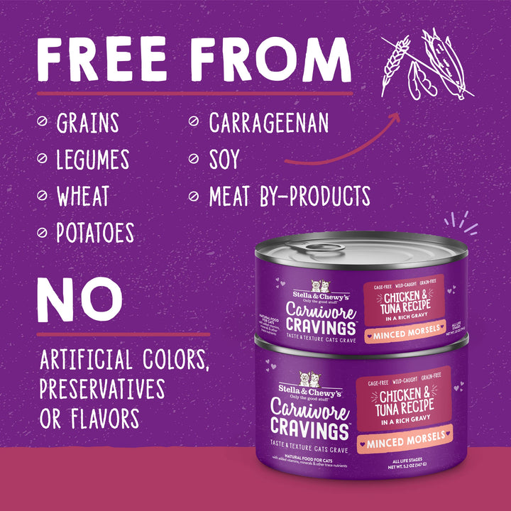 Stella & Chewy’s Carnivore Cravings Minced Morsels Cans – Grain Free, Protein Rich Wet Cat Food – Cage-Free Chicken & Wild-Caught Tuna Recipe – (2.8 Ounce Cans, Case of 12) Chicken & Tuna 2.8 Ounce (Pack of 12)