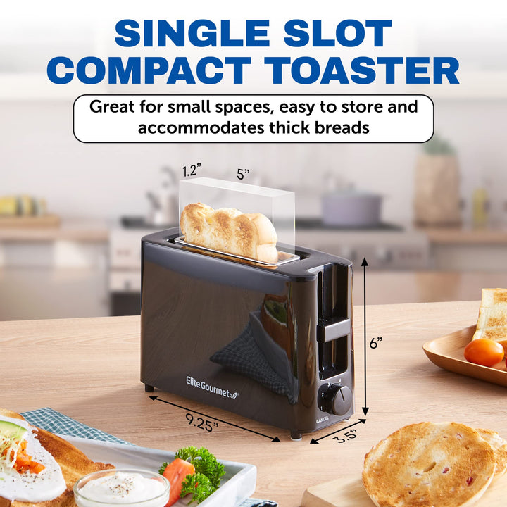 Elite Gourmet ECT118B Cool Touch Single Slice Toaster, 6 Toasting Levels & Wide Slot for Bagels, Waffles, Specialty Breads, Pastry, Snacks, Black 1 Slice