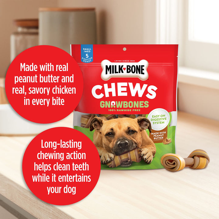 Milk-Bone Chews GnawBones Rawhide Free Dog Treats, Peanut Butter & Chicken, 5 Long Lasting Small/Medium Knotted Bones 9.6 Ounce (Pack of 1)