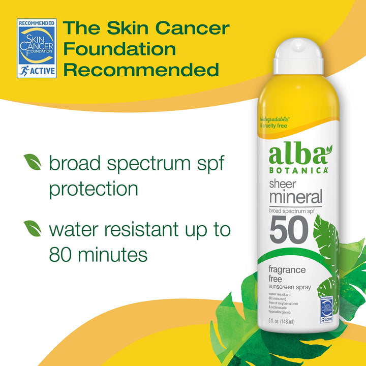 Alba Botanica Sheer Mineral Sunscreen Spray, SPF 50, Fragrance-Free Broad Spectrum, Water Resistant and Biodegradable, 5 fl. Oz. Bottle
