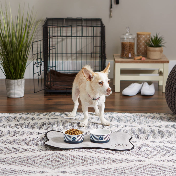 Bone Dry Paw & Patch Ceramic Pet Collection, Small Set, 4.25x2", Nautical Blue, 2 Piece Small Bowl Set, 4.25x2"