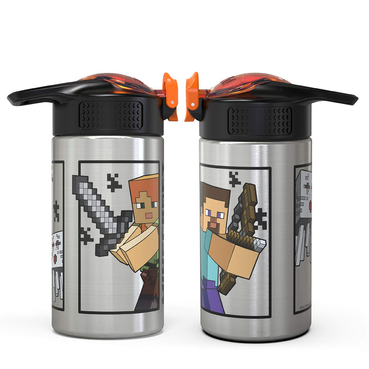 Zak Designs Minecraft - Stainless Steel Water Bottle with One Hand Operation Action Lid and Built-in Carrying Loop, with Straw Spout is Perfect for Kids (15.5 oz, 18/8, BPA-Free)