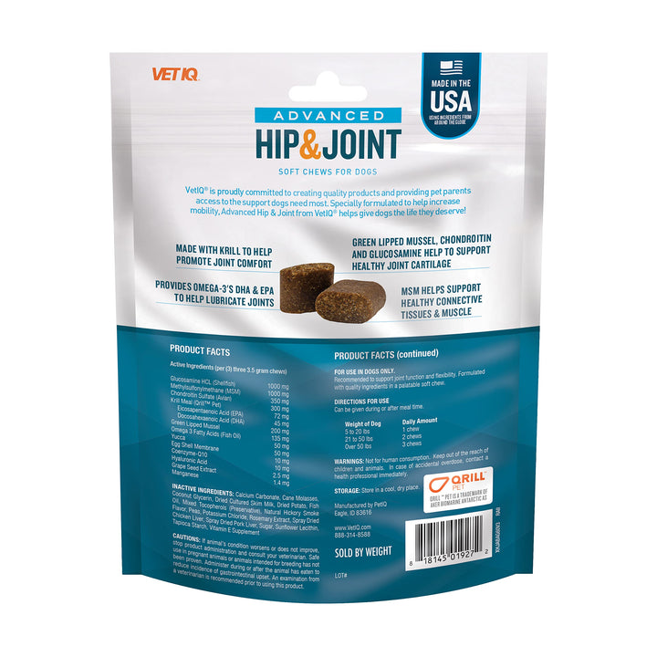 VetIQ Advanced Hip & Joint Chews For Dogs, 60 Count, Chicken Flavored Supplements Made with Glucosamine, Omega 3’s, Chondroitin, MSM, and Green Lipped Mussel, Increases Mobility and Maintains Muscles Advanced Strength 7.4 Ounce (Pack of 1)