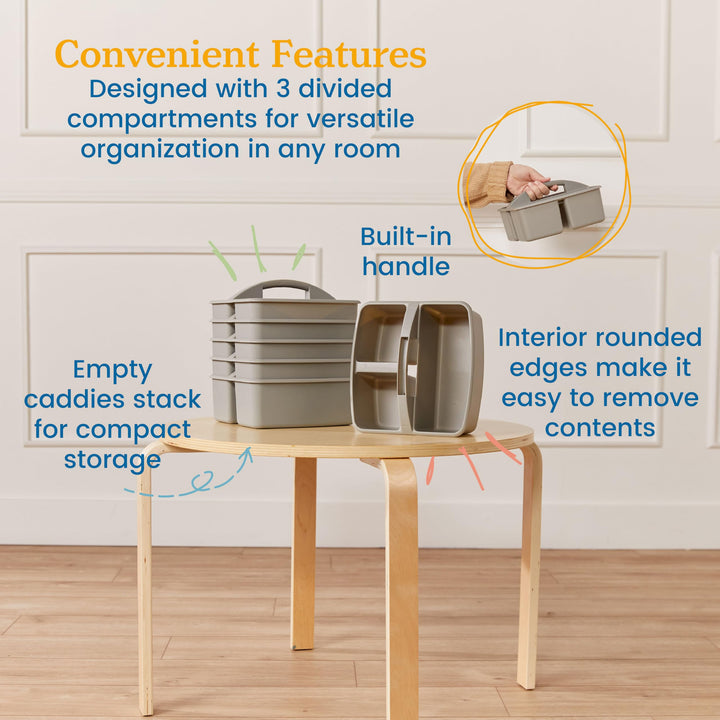 ECR4Kids 3-Compartment Storage Caddy, Supply Organizer, Grey, 6-Pack