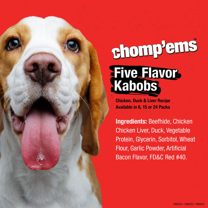 CHOMP 'EMS Five Flavor Kabobs Dog Treats - Beefhide Chewstick - High Protein Dog Chews, 15 Count 15 Count (Pack of 1)