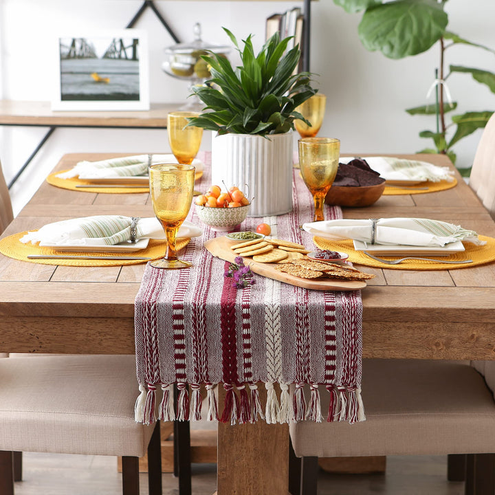 DII Farmhouse Braided Stripe Table Runner Collection, 15x72 (15x77, Fringe Included), Wine