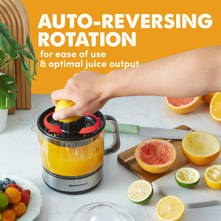 Elite Gourmet ETS623 BPA-Free Electric Citrus Juicer, Compact, Large Volume, Pulp Control, Oranges, Lemons, Limes, Grapefruits with Easy Pour Spout, 24oz, Black/Stainless Steel Stainless Steel