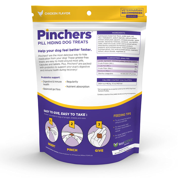 VETRISCIENCE Pinchers Pill Hiding Dog Treats with Probiotics - Wrap Pills, Capsules and Tablets - Makes Giving Medication Easy 45 Count (Pack of 2) Chicken