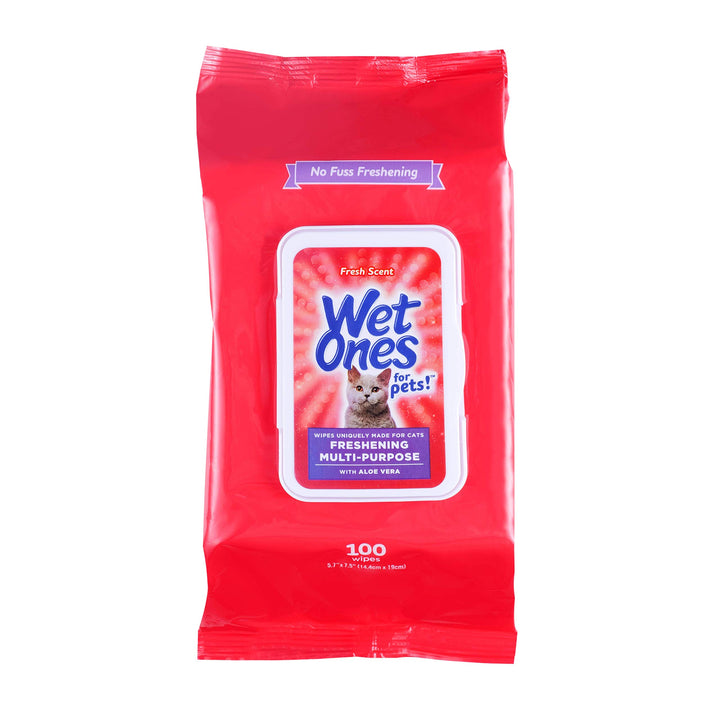 Wet Ones for Pets Freshening Multipurpose Wipes for Cats with Aloe Vera | Easy to Use Cat Cleaning Wipes, Freshening Cat Grooming Wipes for Pet Grooming in Fresh Scent| 100 ct Pouch Cat Wipes 100 Count (Pack of 1)