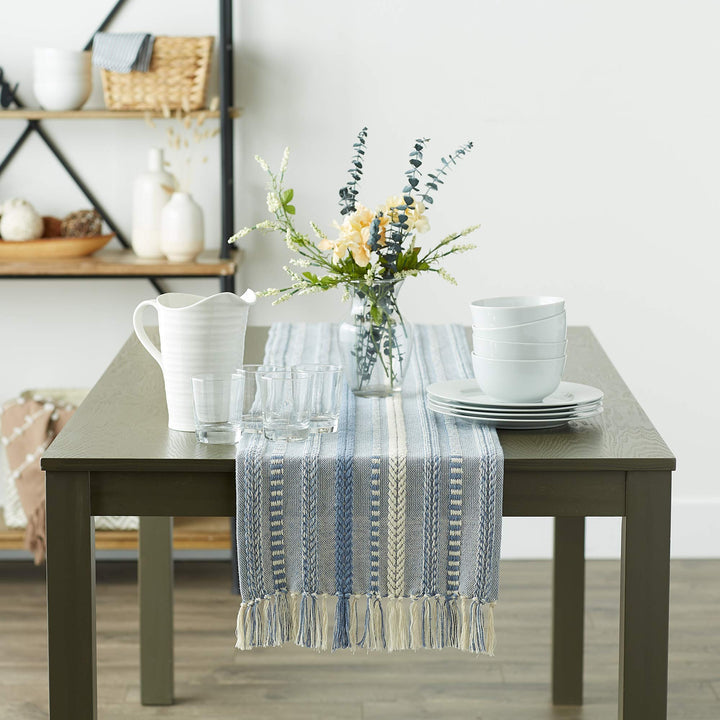 DII Farmhouse Braided Stripe Table Runner Collection, 15x72 (15x77, Fringe Included), Stonewash Blue 15x72" (15x77", Fringe Included) Striped